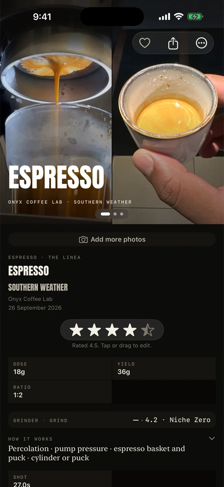 An espresso shot with its photo, dose, yield and shot time