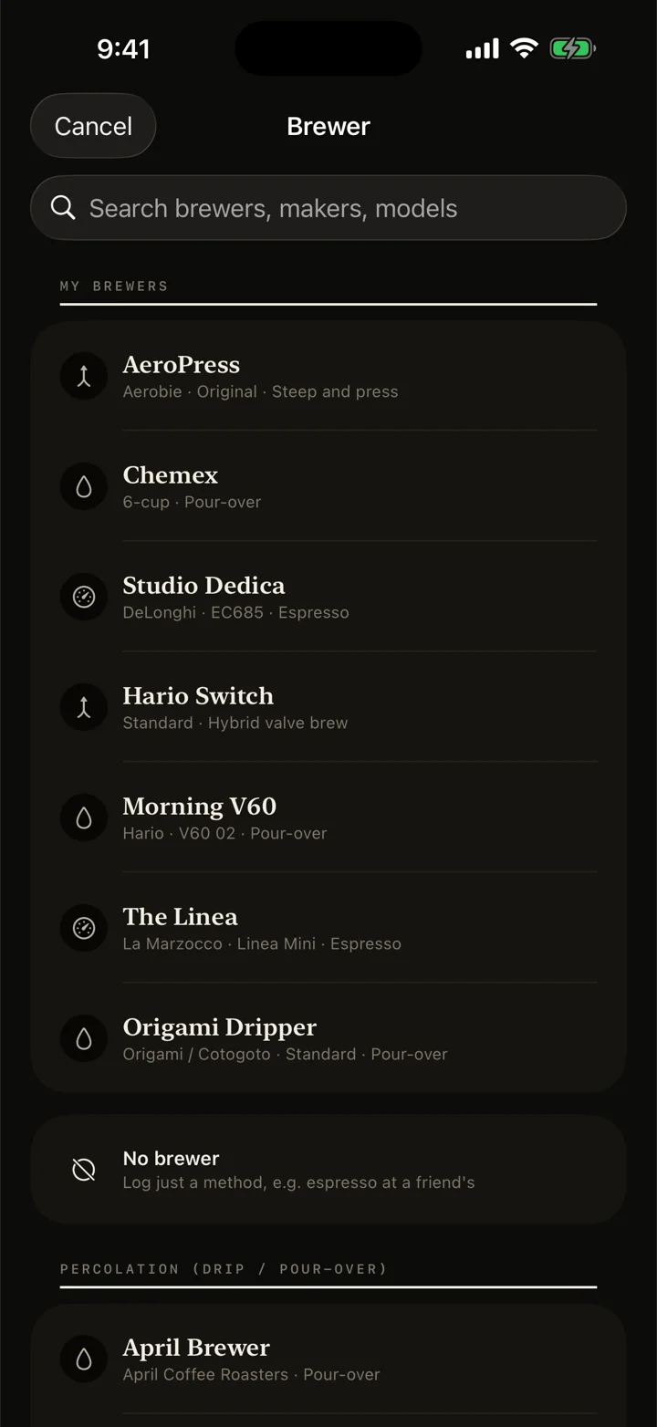 The brewer picker with search and brewers grouped by family