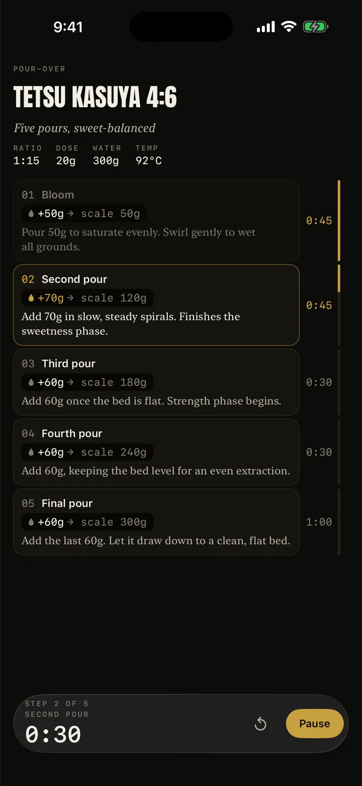 A recipe running live with pour steps and a timer