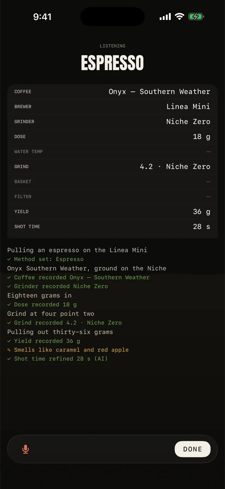 Hands-free capture listening and filling in brew details