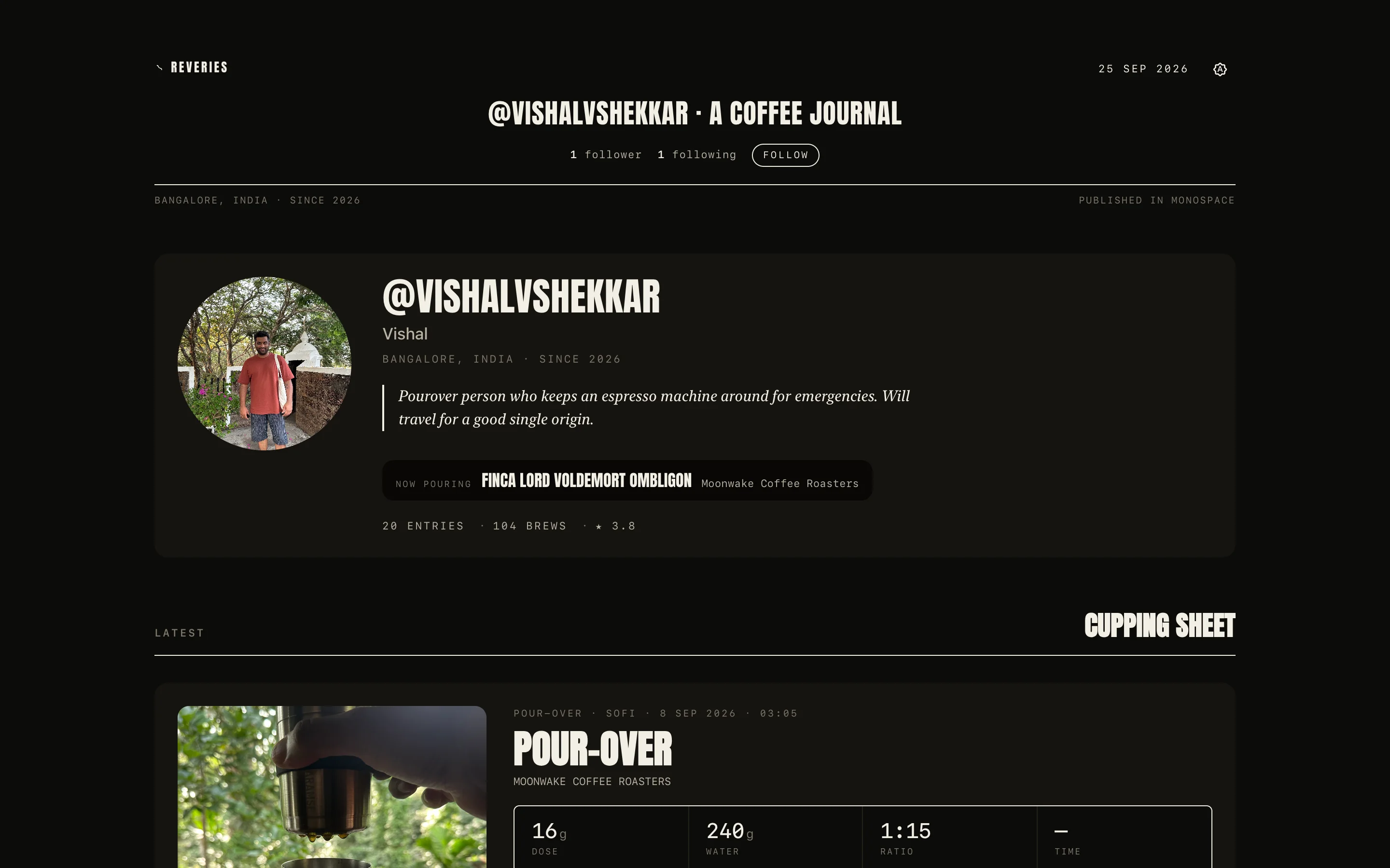A public Reveries profile page on the web
